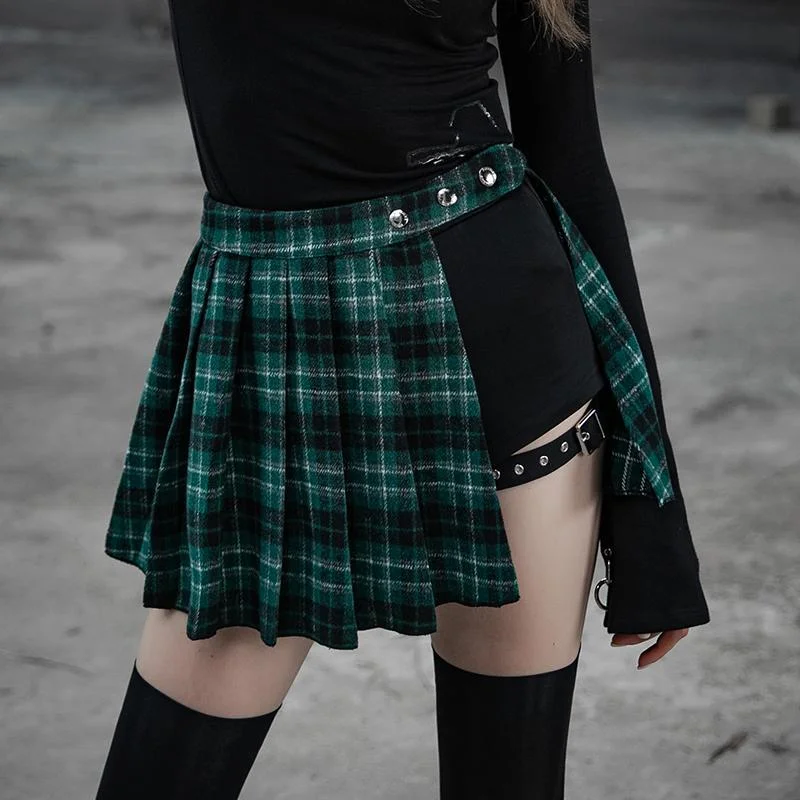 Women's Punk Two-Piece Irregular A-Line Plaid Pleated Skirts cashmere skirt fine